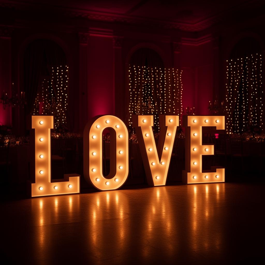 Illuminated LOVE marquee letters at a wedding venue