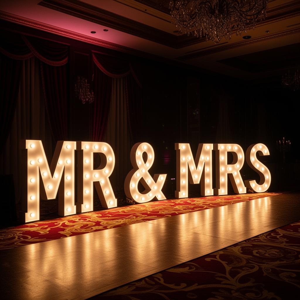 MR & MRS marquee letters at wedding venue